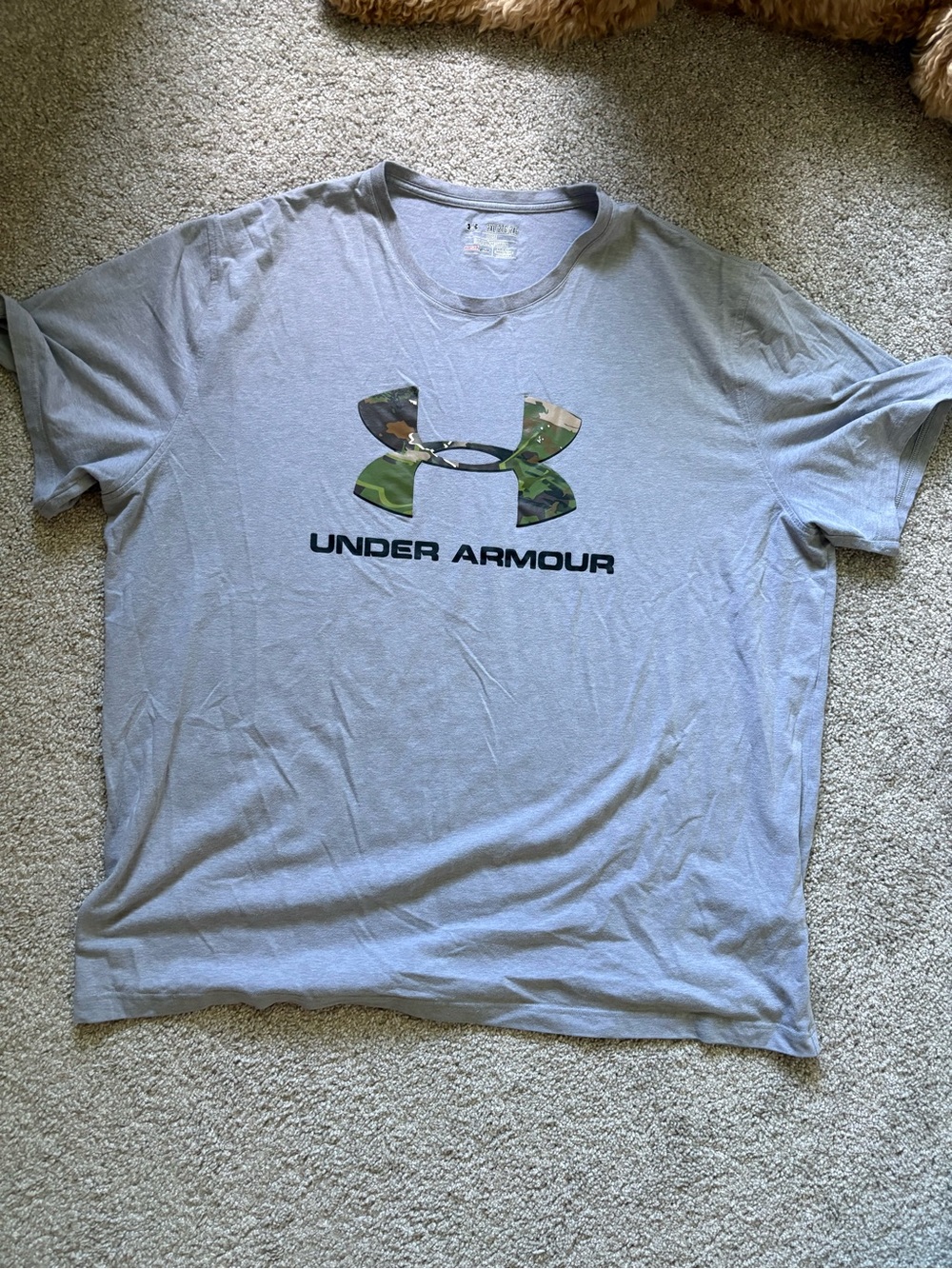Under Armour Light Gray Short Sleeve Tee with Camo Logo and Black Text